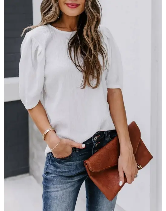 Kadın Kısa Kollu Pileli Balın Kol Bürümcük Bluz