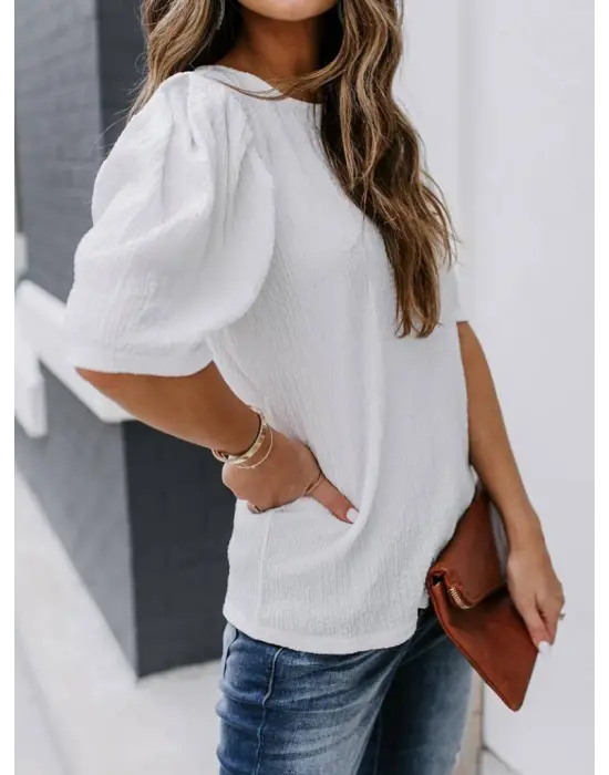 Kadın Kısa Kollu Pileli Balon Kol Bürümcük Bluz