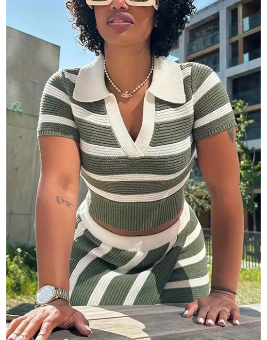 Kadın Kısa Kollu Polo Yaka Crop Asimetrik Mini Triko Etek Ikili Takım