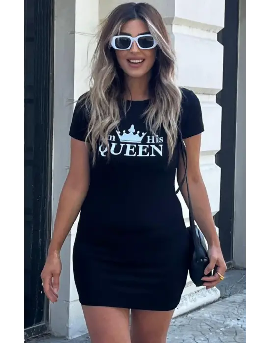 Omarı Etkileyici Kraliçe Baskılı Mini Elbise