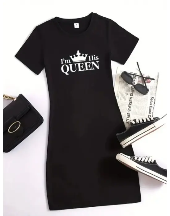 Omarı Etkileyici Kraliçe Baskılı Mini Elbise