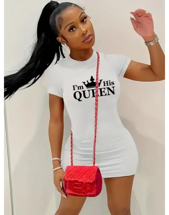 Kadın Kısa Kollu Queen Baskı Iki Iplik Mini Elbise