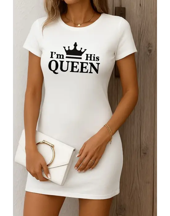 Omarı Şık Kısa Kollu Queen Baskılı Mini Elbise