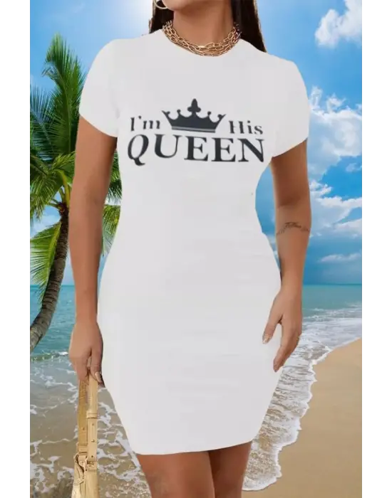 Omarı Elegant Queen Print Kısa Kollu Mini Elbise