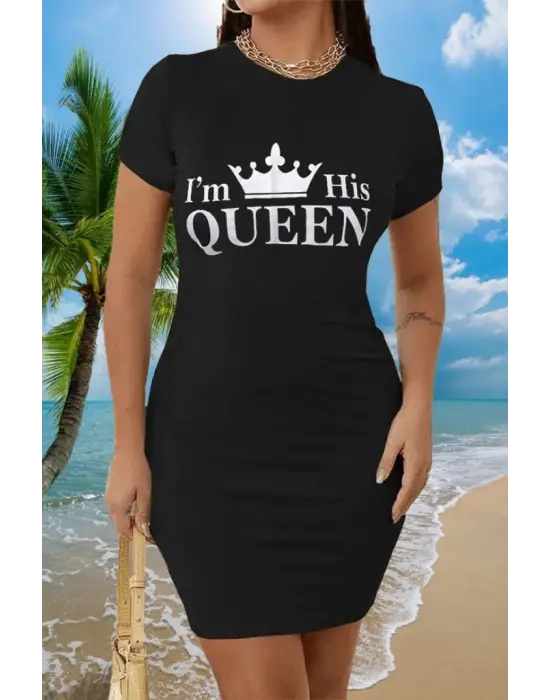 Omarı Etkileyici Kraliçe Baskılı Mini Elbise