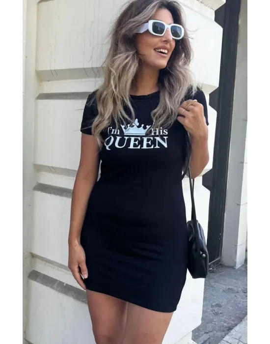 Omarı Etkileyici Kraliçe Baskılı Mini Elbise