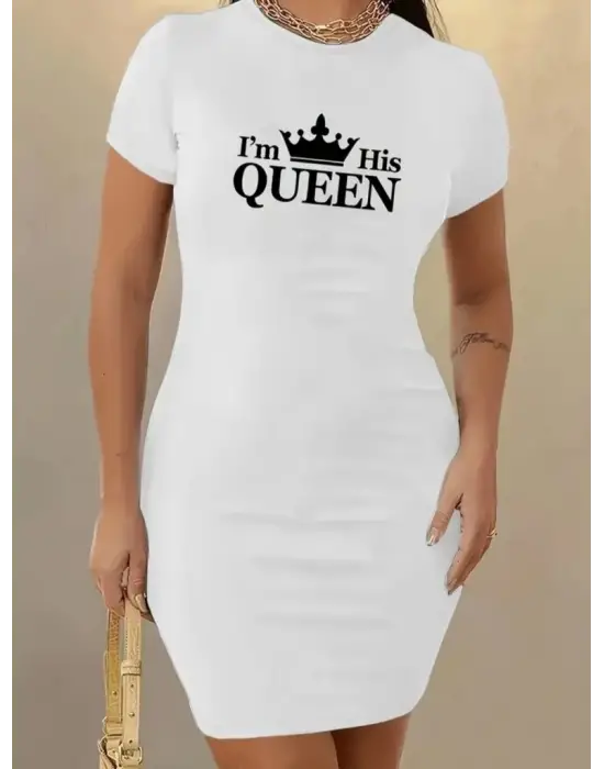 Omarı Elegant Queen Print Kısa Kollu Mini Elbise
