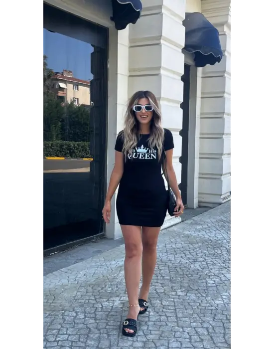 Omarı Etkileyici Kraliçe Baskılı Mini Elbise