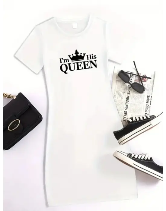 Omarı Elegant Queen Print Kısa Kollu Mini Elbise