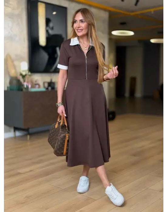 Kadın Kısa Kollu Ribana Ve Fermuar Detay Midi Boy Elbise