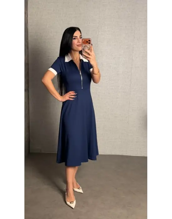 Kadın Kısa Kollu Ribana Ve Fermuar Detay Midi Boy Elbise
