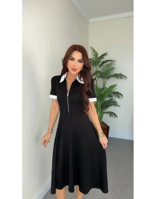 Kadın Kısa Kollu Ribana Ve Fermuar Detay Midi Boy Elbise