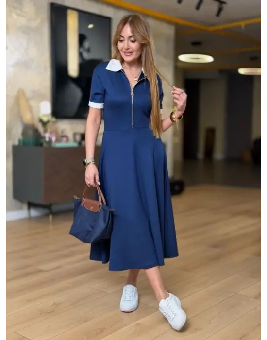 Kadın Kısa Kollu Ribana Ve Fermuar Detay Midi Boy Elbise