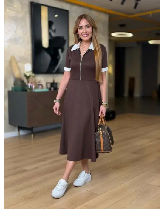 Kadın Kısa Kollu Ribana Ve Fermuar Detay Midi Boy Elbise