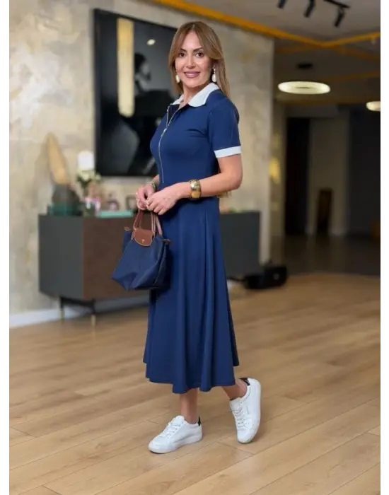 Kadın Kısa Kollu Ribana Ve Fermuar Detay Midi Boy Elbise