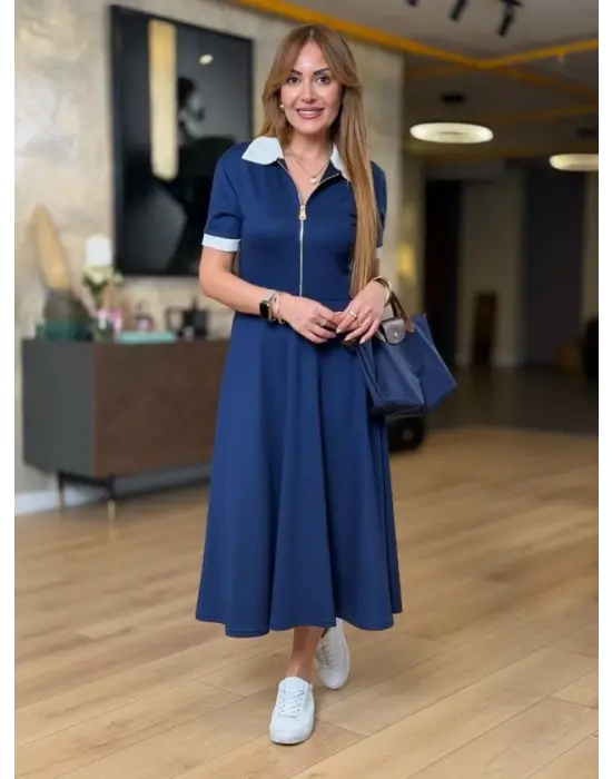 Kadın Kısa Kollu Ribana Ve Fermuar Detay Midi Boy Elbise