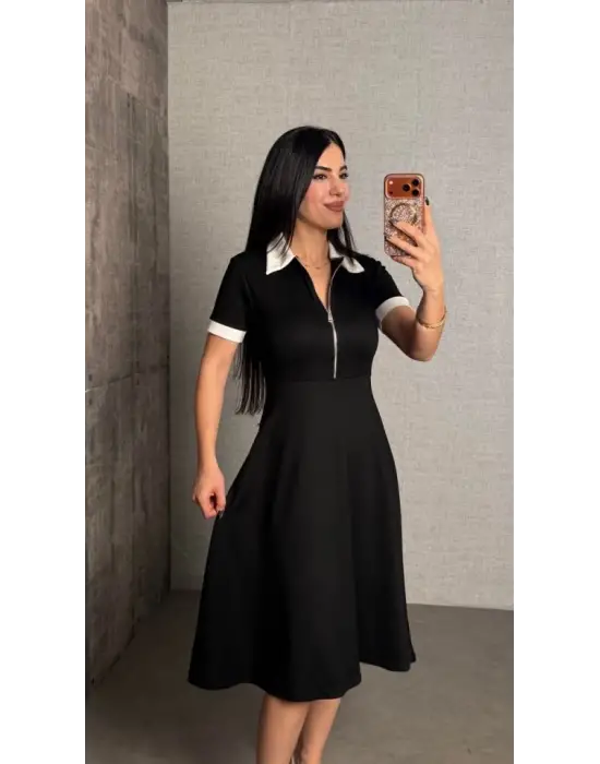 Kadın Kısa Kollu Ribana Ve Fermuar Detay Midi Boy Elbise