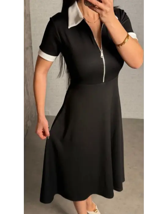 Kadın Kısa Kollu Ribana Ve Fermuar Detay Midi Boy Elbise