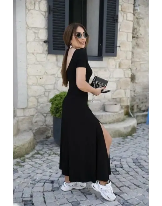 Kadın Kısa Kollu Sırt Dekolte Detay önü çift Yırtmaçlı Viskon Elbise