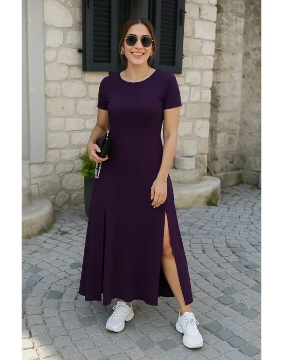 Kadın Kısa Kollu Sırt Dekolteli Yırtmaç Detaylı Viskon Elbise