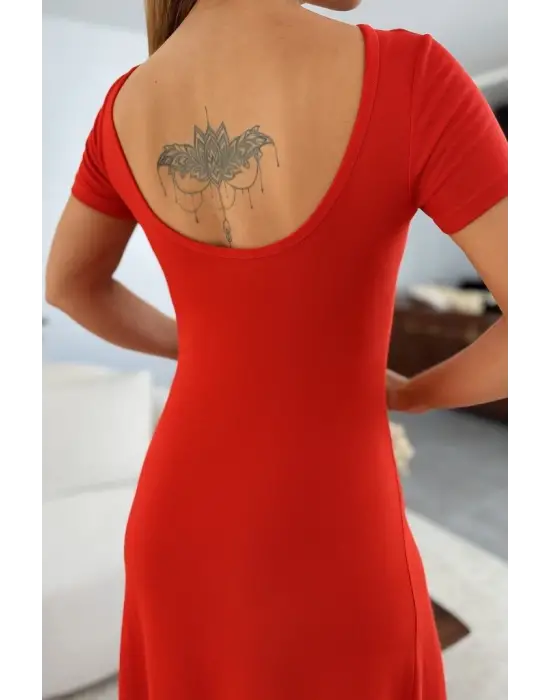 Kadın Kısa Kollu Sırt Dekolteli Yırtmaç Detaylı Viskon Elbise