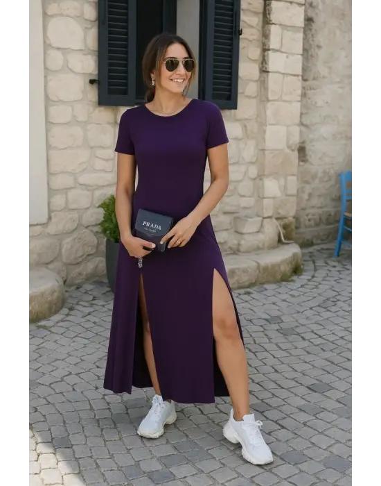 Kadın Kısa Kollu Sırt Dekolteli Yırtmaç Detaylı Viskon Elbise