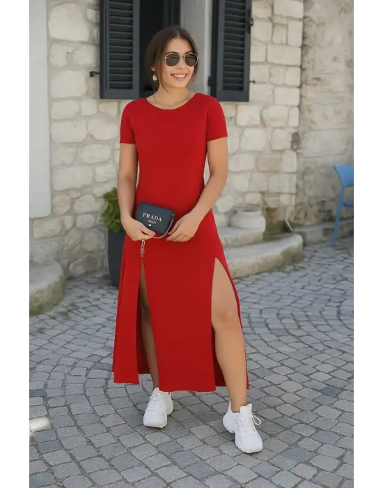 Omarı Modern Viskon Elbise Sırt Dekolteli Yırtmaç Detayı