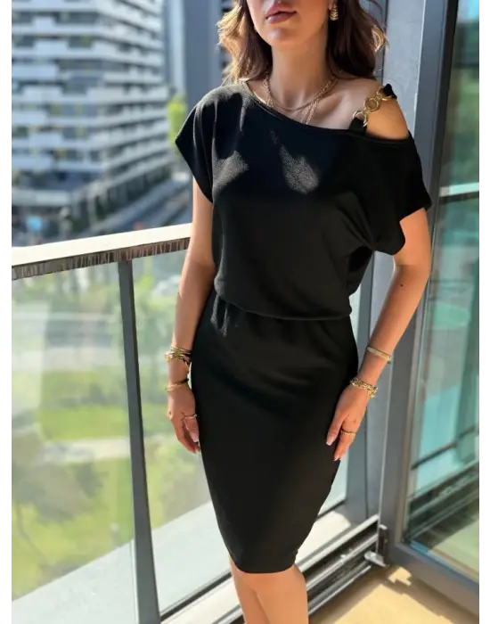 Kadın Kısa Kollu Tek Omuz Askı Ve Aksesuar Detay Beli Lastikli Krep Elbise