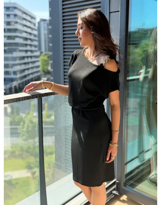 Kadın Kısa Kollu Tek Omuz Askı Ve Aksesuar Detay Beli Lastikli Krep Elbise