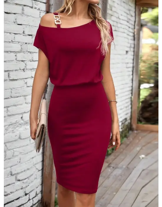 Omarı Şık Tek Omuz Askılı Kısa Kollu Elbise