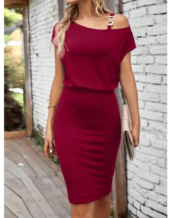 Omarı Şık Tek Omuz Askılı Kısa Kollu Elbise