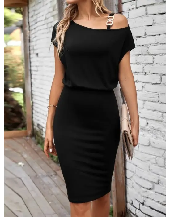 Kadın Kısa Kollu Tek Omuz Askı Ve Aksesuar Detay Beli Lastikli Krep Elbise