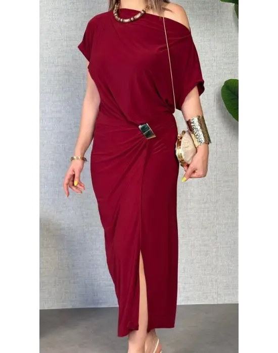 Kadın Kısa Kollu Tek Omuzdan Açık Beli Lastikli Sandy Maxi Elbise