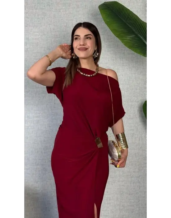 Kadın Kısa Kollu Tek Omuzdan Açık Beli Lastikli Sandy Maxi Elbise