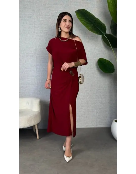 Kadın Kısa Kollu Tek Omuzdan Açık Beli Lastikli Sandy Maxi Elbise