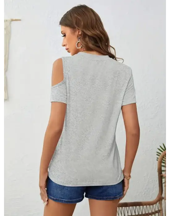 Kadın Kısa Kollu Tek Omuzu Açık Damla Detaylı Viskon Bluz