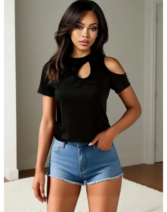 Omarı Tek Omuzdan Açık Damla Detaylı Viskon Bluz