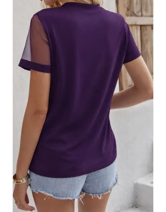 Kadın Kısa Kollu Tül Detaylı Taşlı Janjan Krep Bluz