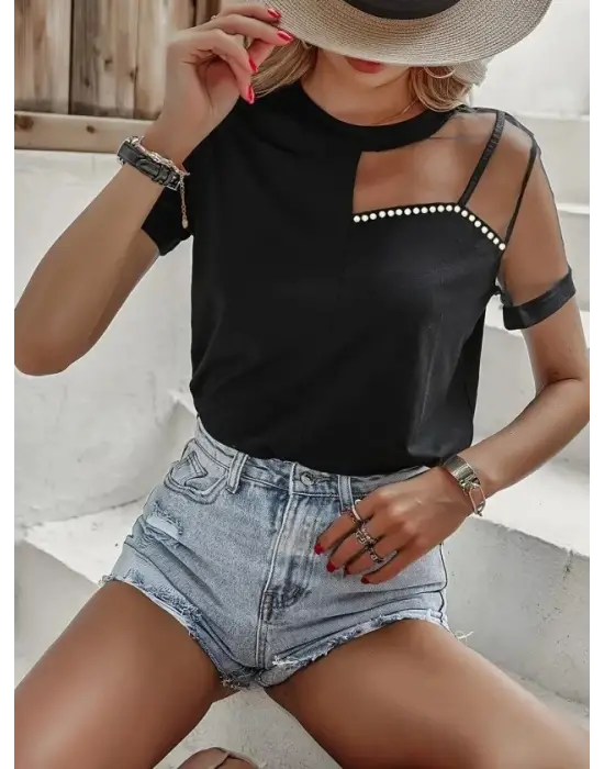 Kadın Kısa Kollu Tül Detaylı Taşlı Janjan Krep Bluz