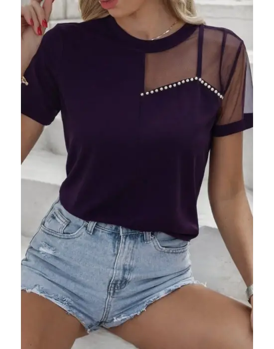 Kadın Kısa Kollu Tül Detaylı Taşlı Janjan Krep Bluz