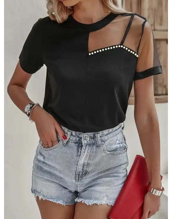 Kadın Kısa Kollu Tül Detaylı Taşlı Janjan Krep Bluz