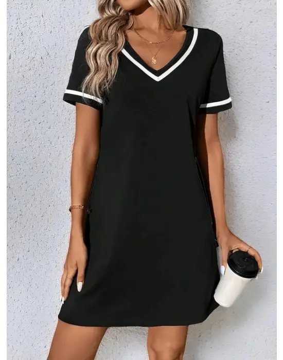 Kadın Kısa Kollu V çizgili Yakalı Kısa Viskon Elbise