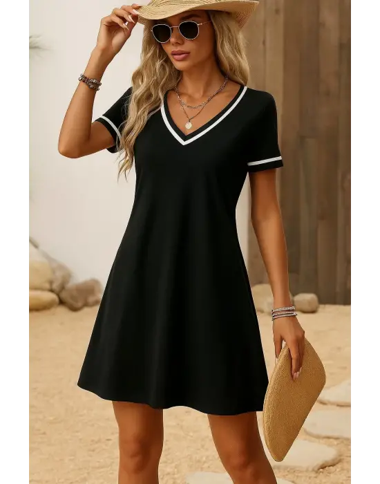 Omarı V Yakalı Kısa Kollu Çizgili Elbise