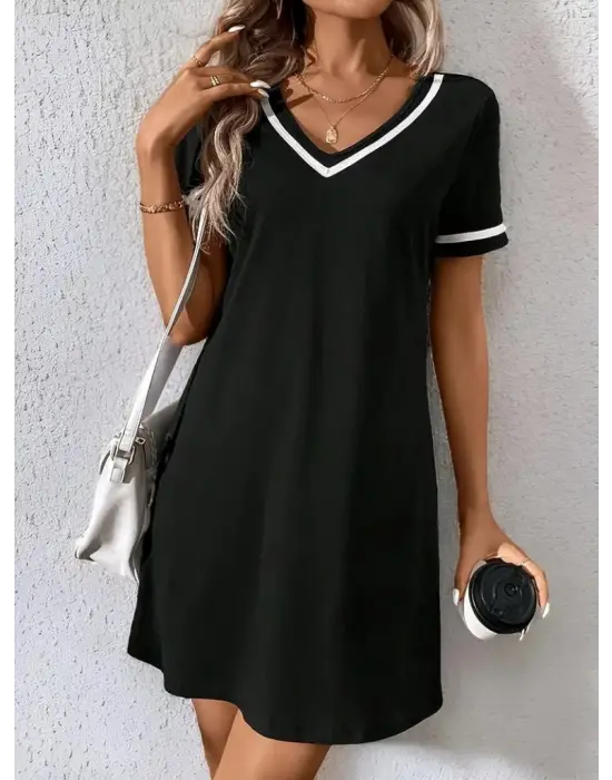 Kadın Kısa Kollu V çizgili Yakalı Kısa Viskon Elbise