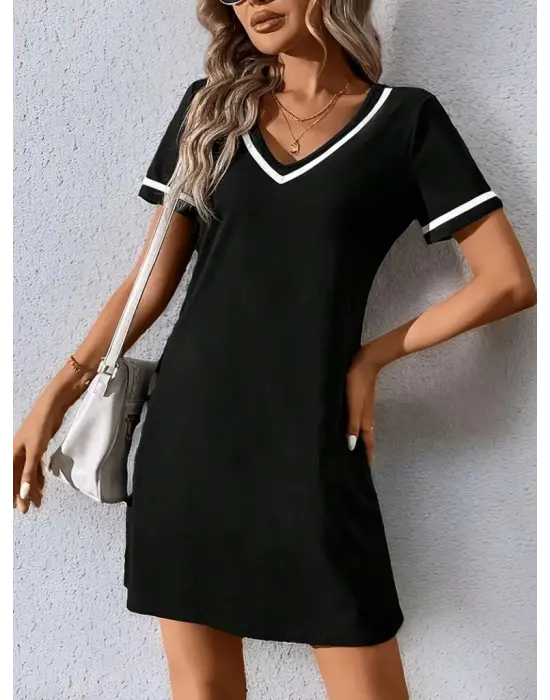 Kadın Kısa Kollu V çizgili Yakalı Kısa Viskon Elbise