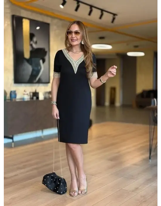 Kadın Kısa Kollu V Dantel Yaka Viskon Iki Iplik Elbise