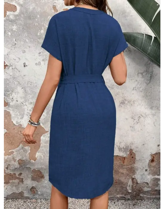 Kadın Kısa Kollu V Hakim Yaka Belden Kuşaklı Valencia Elbise