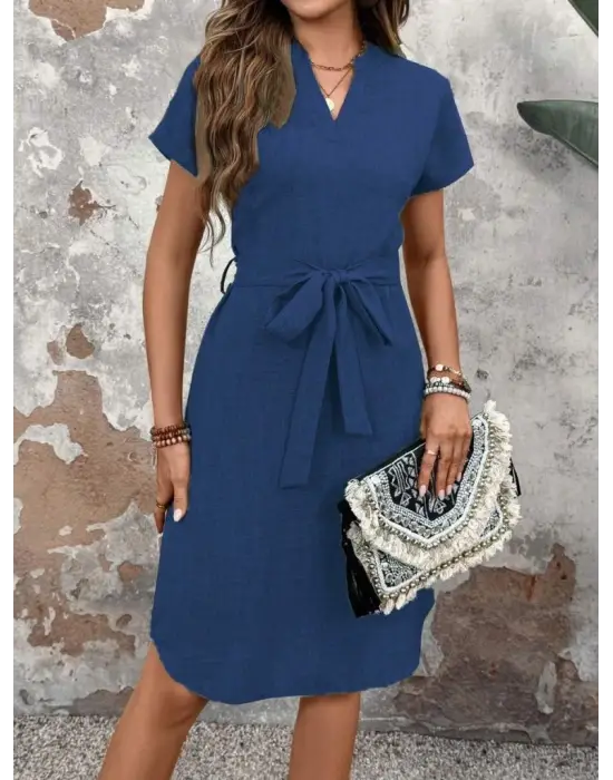 Kadın Kısa Kollu V Hakim Yaka Belden Kuşaklı Valencia Elbise