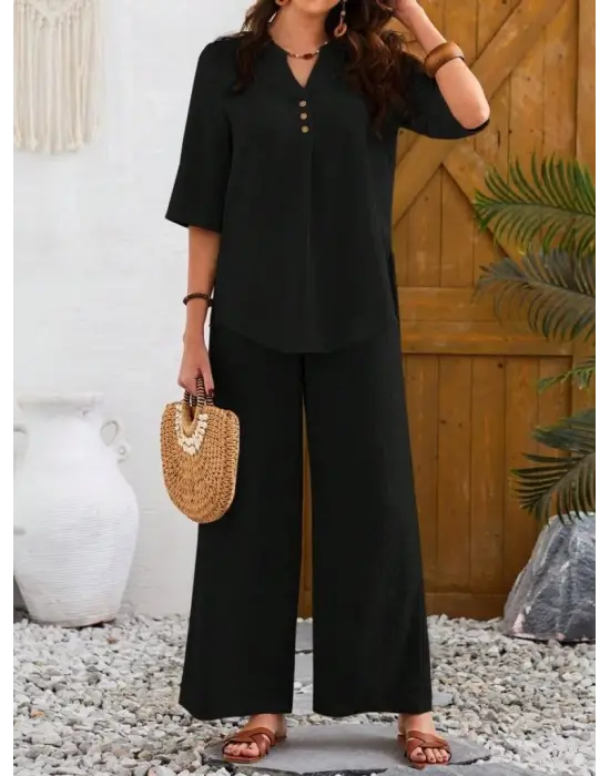 Kadın Kısa Kollu V Hakim Yaka Düğmeli Bürümcük Bluz Ve Pantolon Ikili Takım