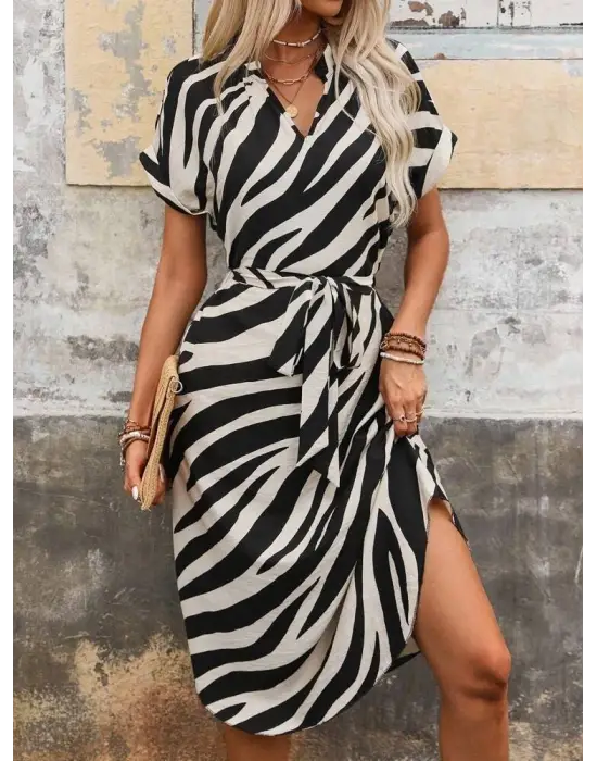 Kadın Kısa Kollu V Hakim Yakalı Zebra Desenli Midi Süprem Elbise